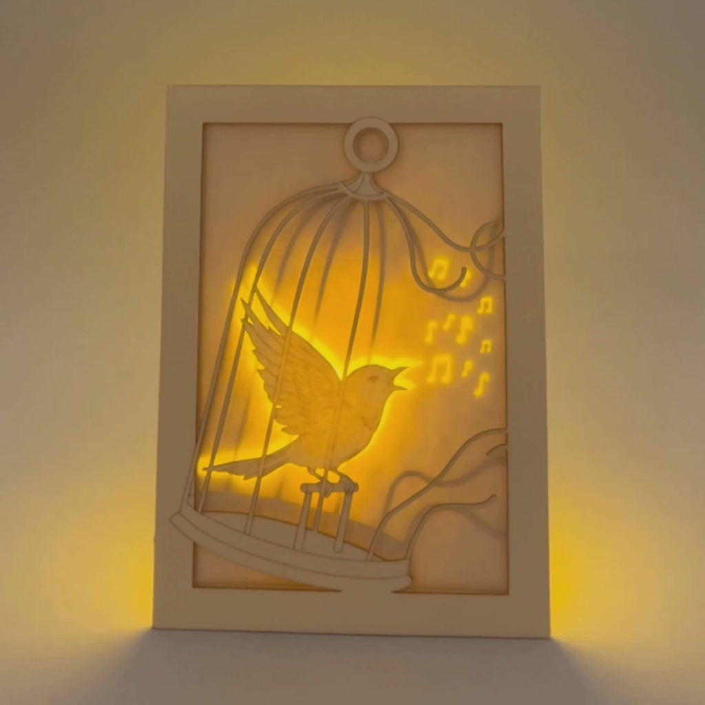 Bird escaping golden cage through song with broken bars